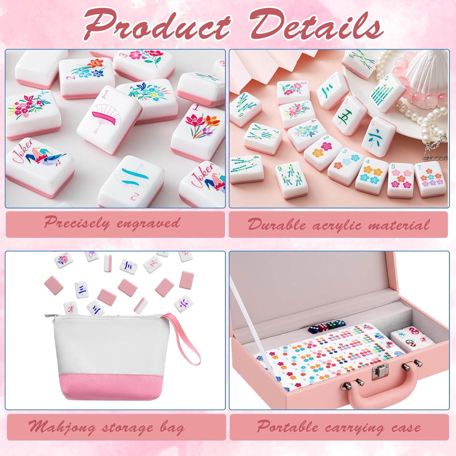 Soulchen 1.4 Inch Acrylic Pink American Mahjong Set 168 Blossom Numbered Tiles, Tiles Bag and Portable Case Classic Complete Mahjong Set for Adult Collection Gift
