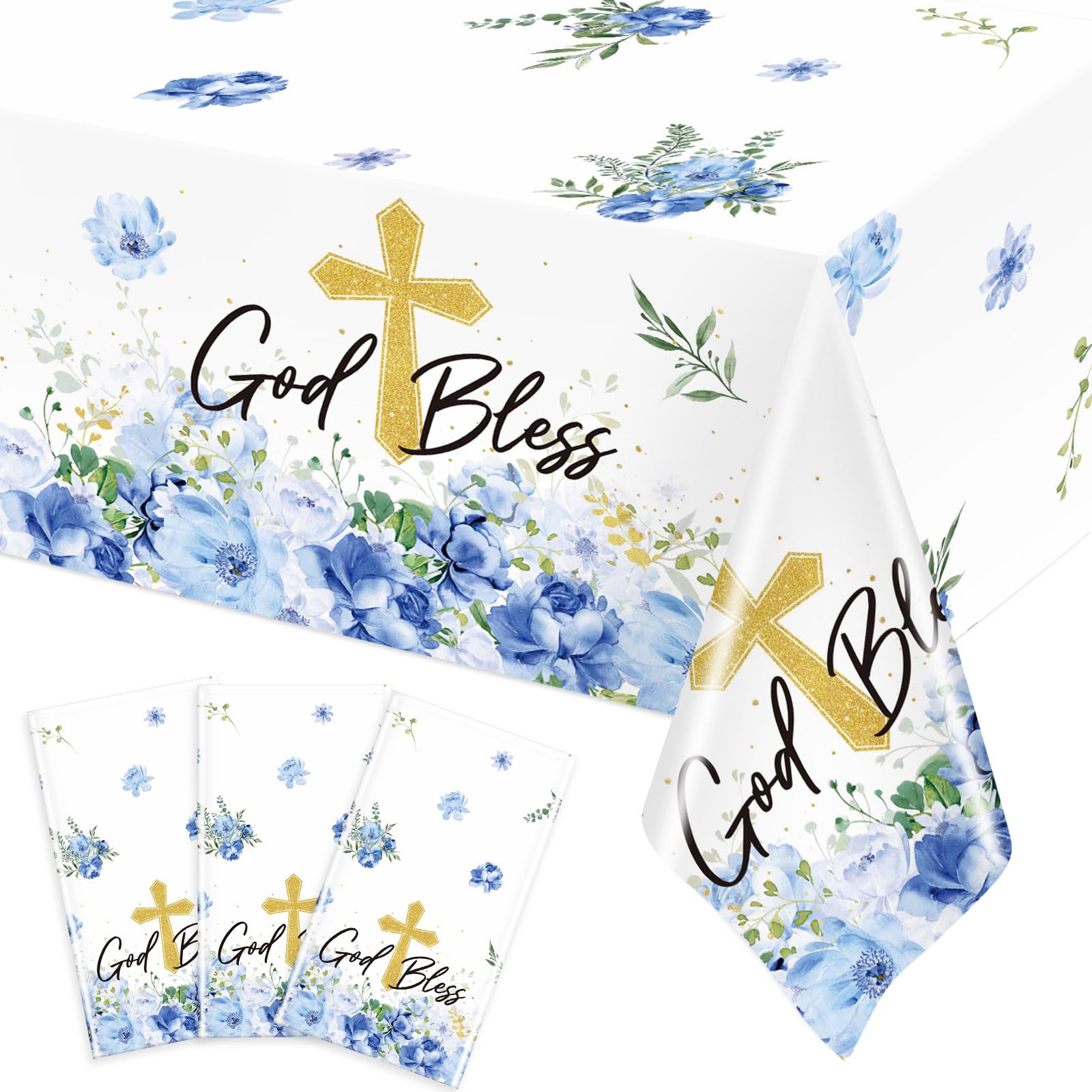 Ganeen 3 Pcs Blue Boy Baptism Tablecloth God Bless Plastic Table Covers