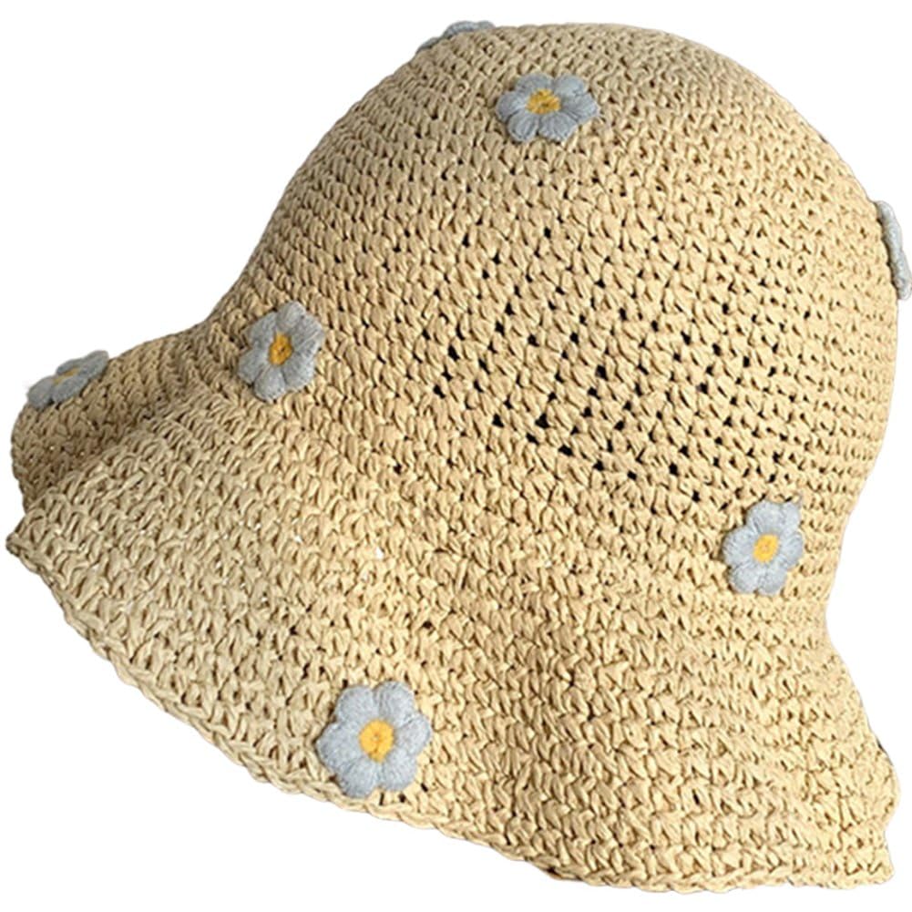 Sslvya Summer Straw Sun Hat for Women Outdoor Sun Protection Floppy Bucket Hat Floral Woven Beach Hat for Summer Travel Vacation