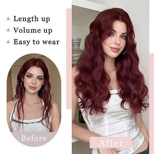Miniatura 5 de StrRid - Extensiones de cabello color burdeos con clip, extensiones de cabello ondulado de 18 pulgadas de grosor sintético con clips en rojo, para