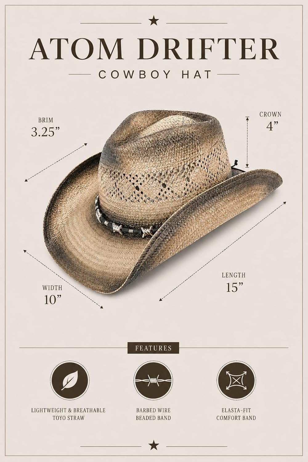 Peter Grimm Atom Cowboy Straw Sun Hat, Great for Beach, Resort, Travel