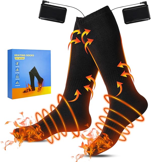Heated Socks, 4000mAh Rechargeable Heated Socks Men Women, Winter Warm High Socks with 3 Heat Settings Washable Electrical Heated Socks Foot Warmers for Skiing Cycling Fishing Outdoor Camping