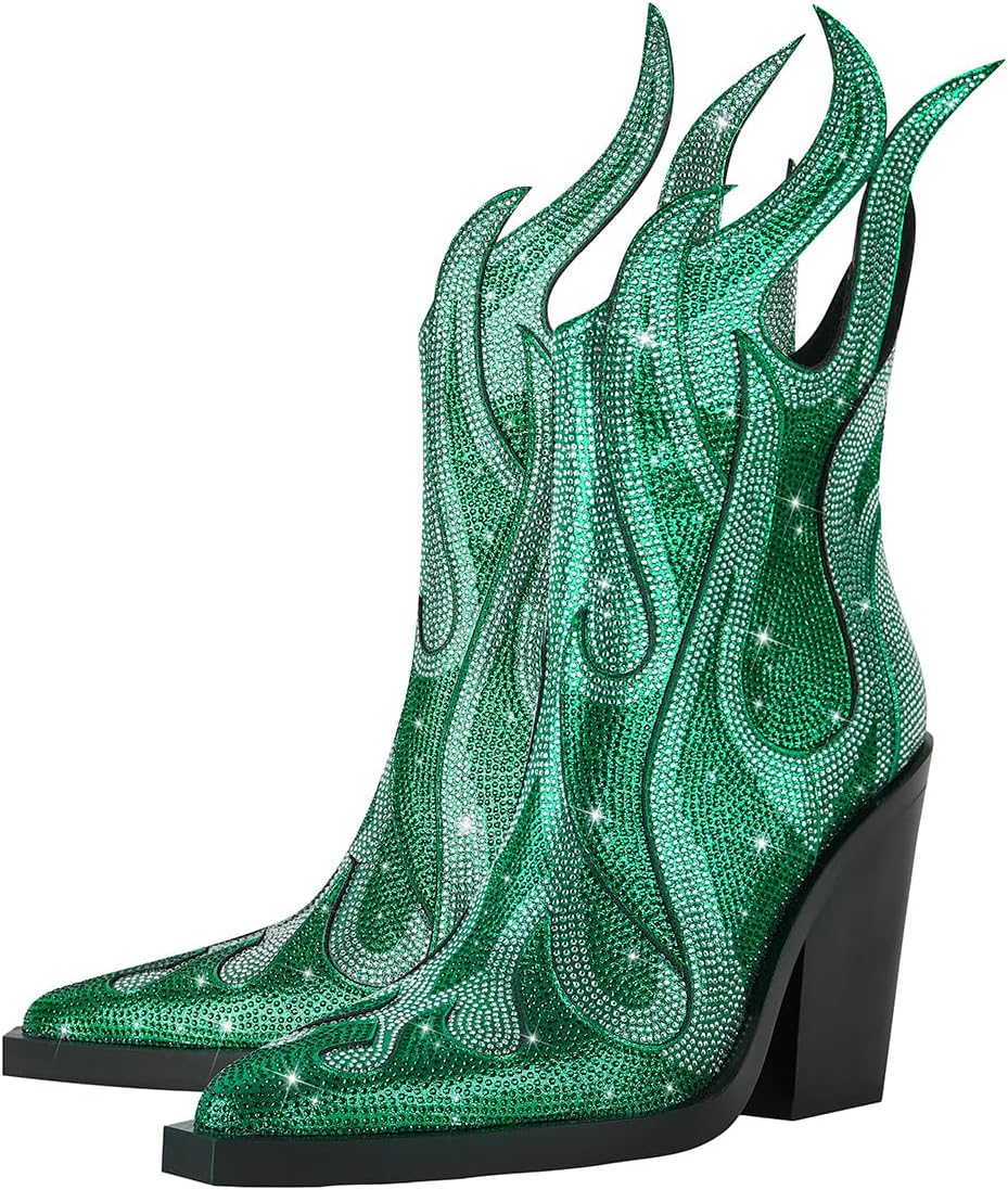 Womens Sparkling Rhinestone Cowboy Boots Bling Flame Chunky Heel Diamond Ankle Boots Pointy Toe Side Zip Black Glitter Cowboy Boots