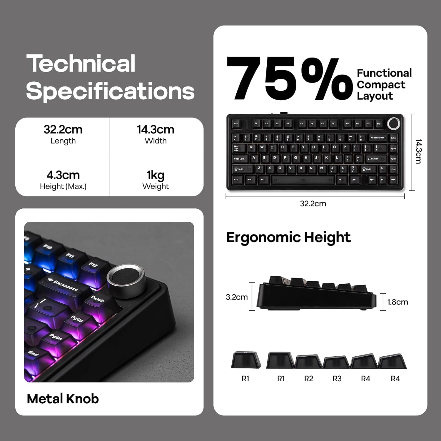 EPOMAKER x Aula F75 Ultra Wireless Gaming Keyboard with Knob, 10000mAh, Hot Swap, RGB, PBT Keycap, Creamy Sound, VIA, 75% Mechanical Keyboard for Win/Mac (Black, Reaper)