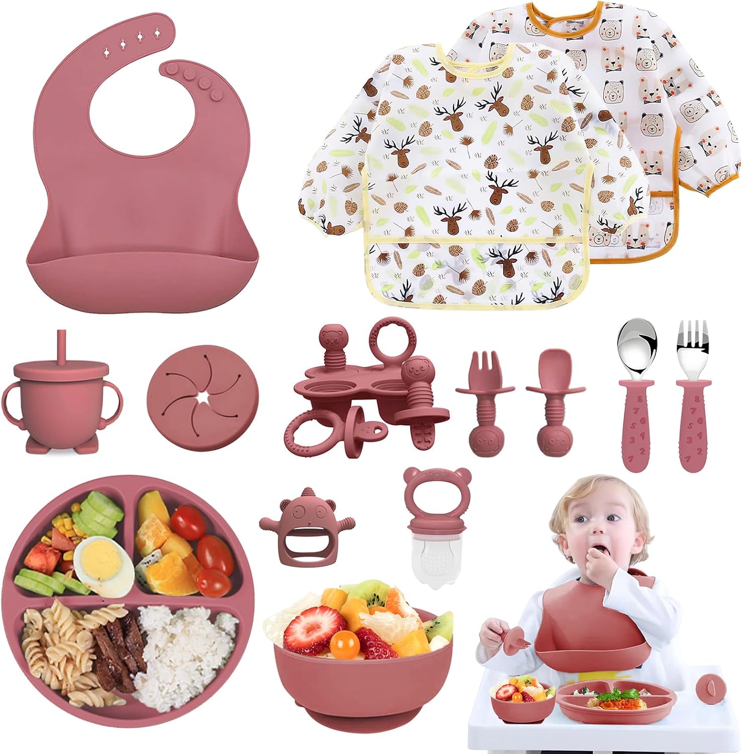 Silicone Baby Feeding Set, 14 Pcs Baby Led Weaning Supplies, Baby Spoons & Forks Suction Bowl Divided Plate Bib Cup, First Stage Solid Food Eating Utensils - 6+ Months (Rose)
