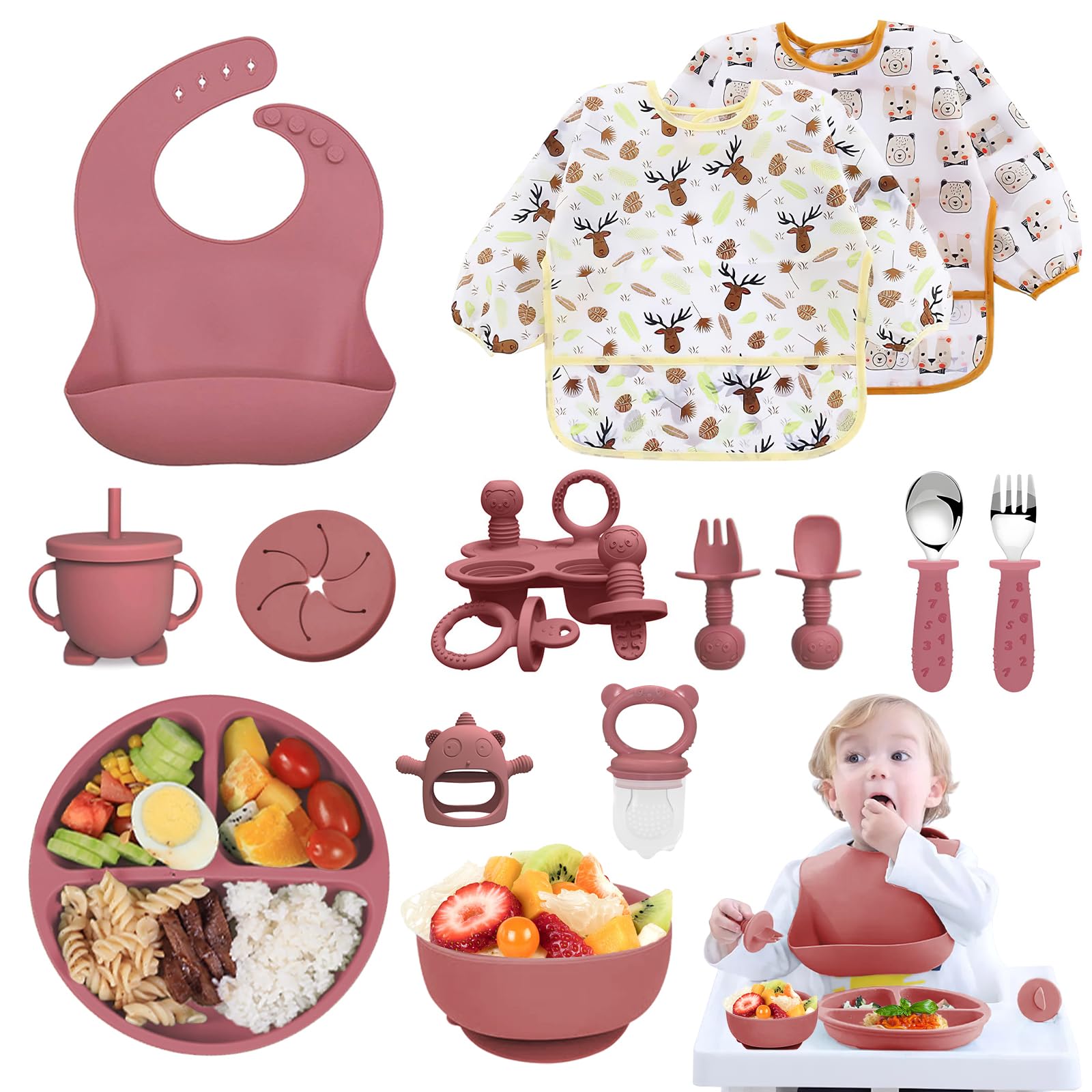 Silikon Baby Geschirrset, 14er Set Kindergeschirr, Babyteller mit Saugnapf, Schüssel, Lätzchen, Babylöffel,Babybrei-Gefrierdose, Trinklernbecher,Fruchtsauger,Baby Led Weaning Besteck Set (Dunkelrosa)