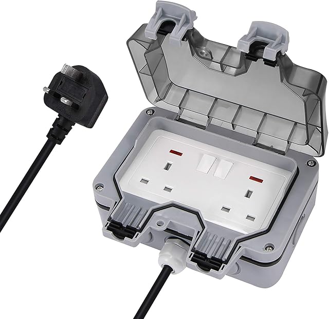 YUNYODA Outdoor Waterproof Double Socket With 32FT/10M Extension Cable,Wall Electrical Outlets, IP66 Switched Socket Covers,13A Outdoor Wall Weatherproof Plug Socket Box(10M/32FT)