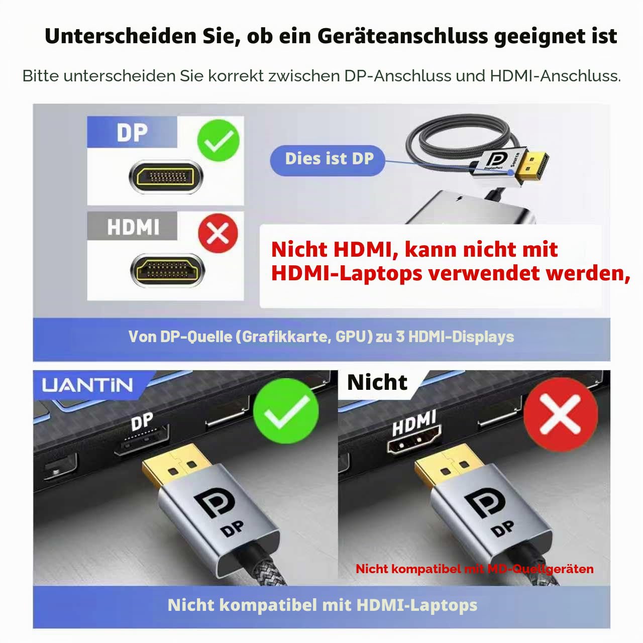 UANTIN DisplayPort auf HDMI Splitter für 3 Monitore Erweiterter Displayadapter 4K@60Hz 1 DP in 3 HDMI Out MST Hub für mehrere Monitor Display Port Kompatibel mit NVIDIA/AMD Grafikkarte