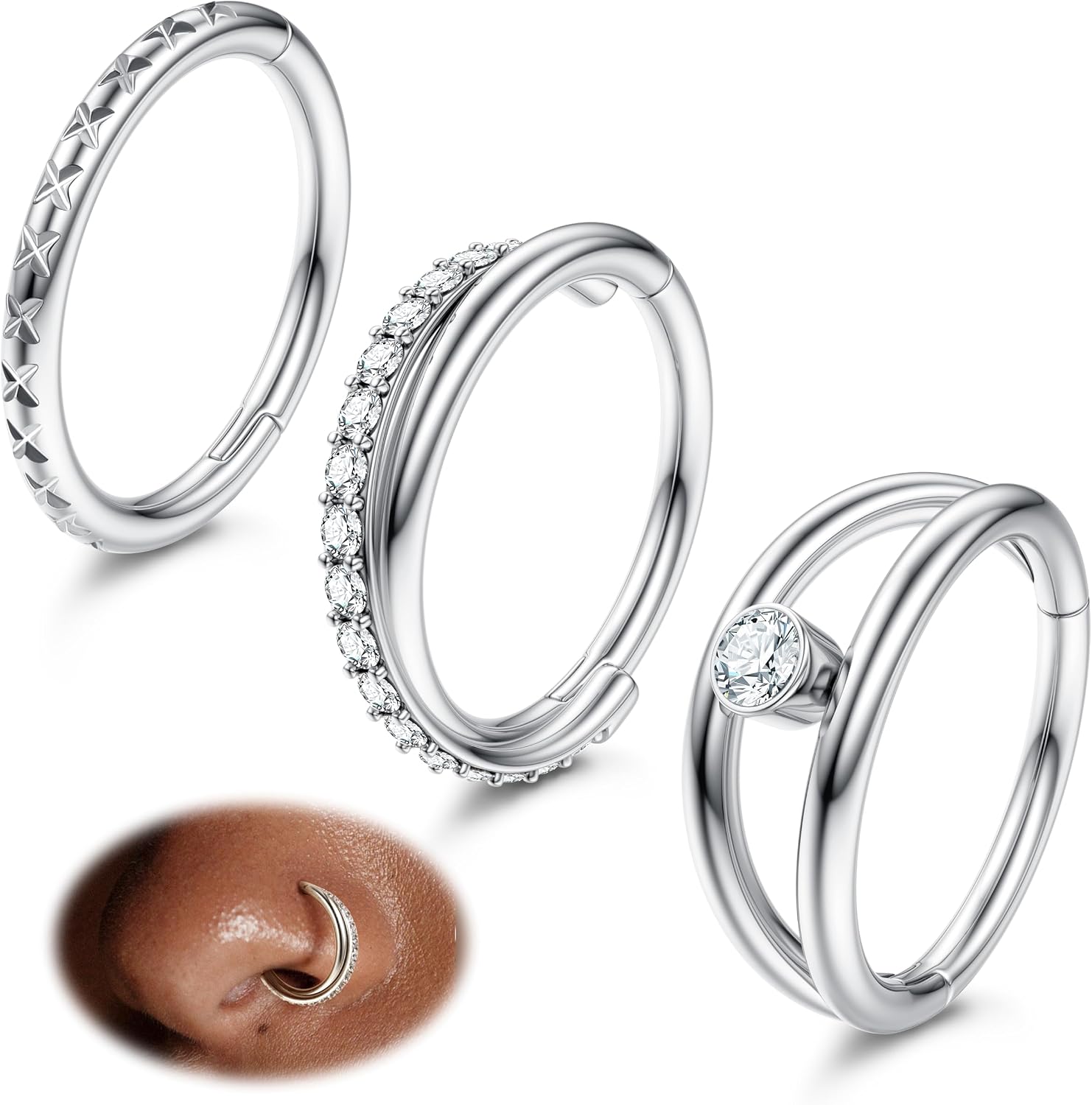 ZHDCC Nose Ring Hoop 3Pcs Surgical Steel Hoop Nose Rings 18G/20G Hinged CZ Nose Piercing Jewelry 14K Gold 8MM/10MM Septum Clicker Lip Rings Helix Rook Tragus Daith (16 gauge