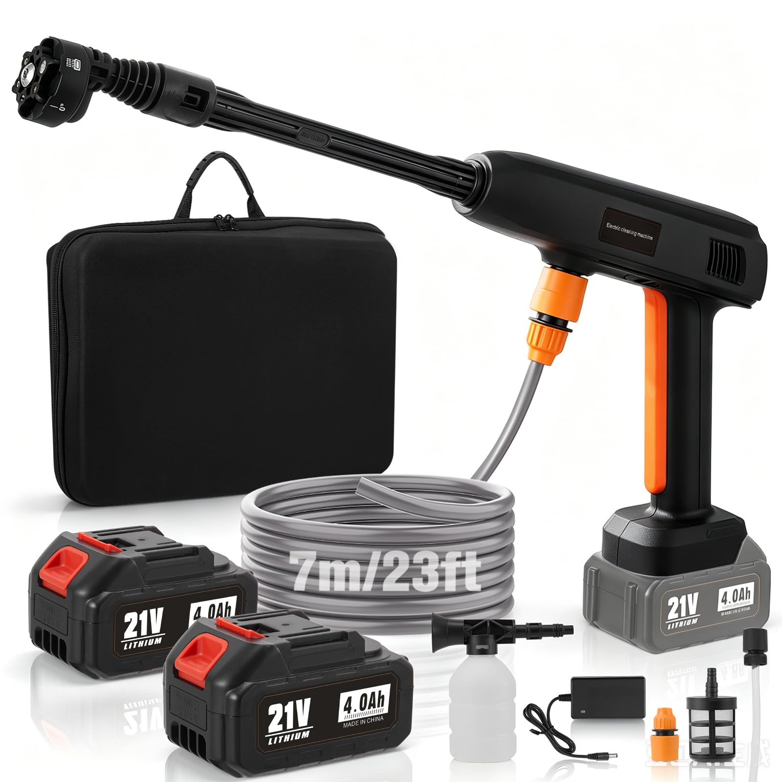 Limpiador de alta presión inalámbrico 1000 PSI / 69 bar, motor de 800 W, pistola de limpieza a presión portátil, 2 baterías de 4000 mAh, boquilla 6 en 1, manguera de 7 m, filtro de agua, para coche