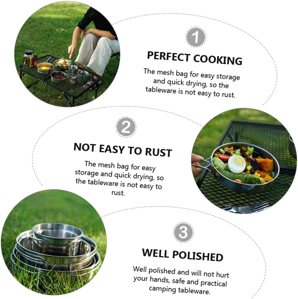 Portable Camping Cookware Stainless Steel 5pcs Dinnerware Set Folding Bowl Cup Frying Pan Safe for Outdoor Activities