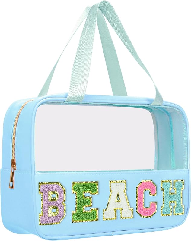 Beach Bags Chenille Letter Patch Clear Beach Bag for Travel Preppy Cosmetic Bags Clear Snacks Pouch with Zipper Toiletry Bags for Traveling Women Travel Bags for Toiletries