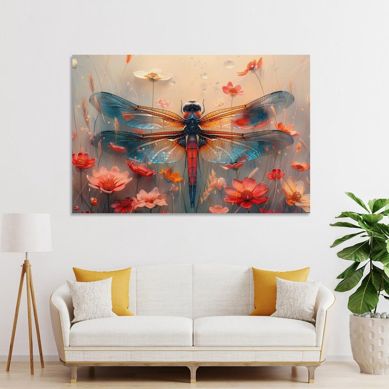 Junmoney Dragonfly with Flowers Room Decor Wall Art, 08x12inch(20x30cm), for Home Office, Desk Area Or Studio, An Interior Accent for Desk Areas