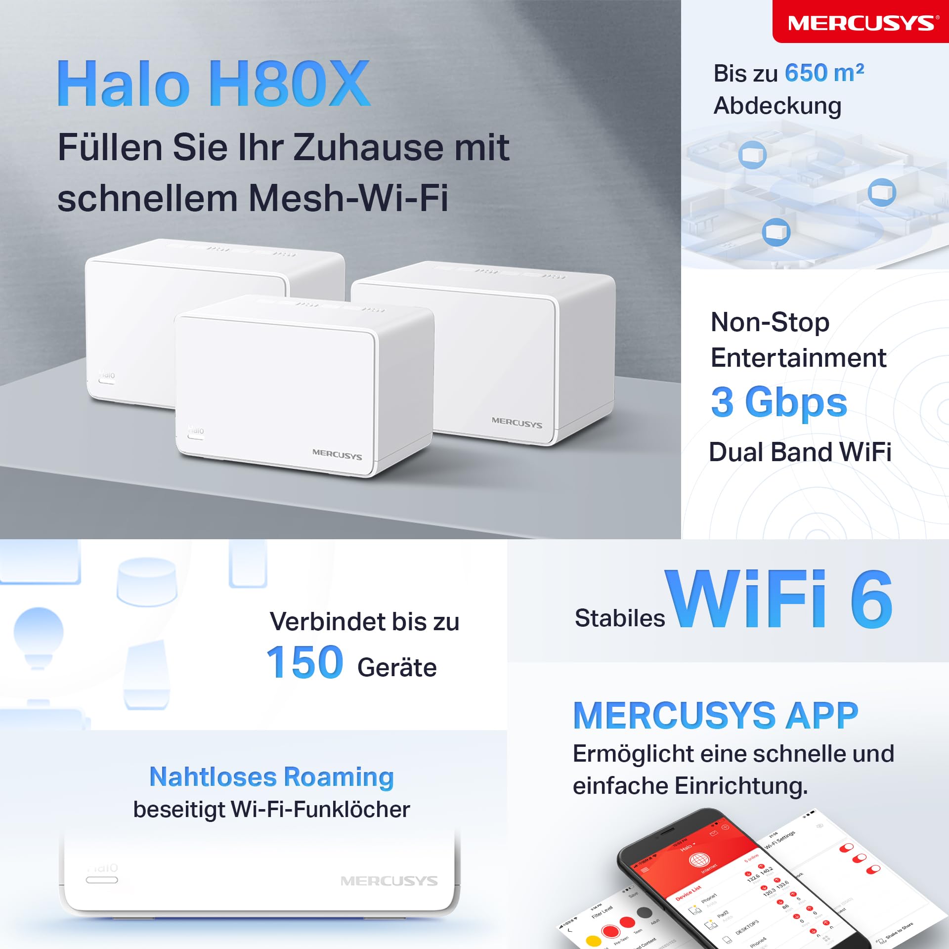 Mercusys Halo H3000X Lot de 3 routeurs Wi-Fi double bande AX3000 Wi-Fi 6 AX3000, 3 ports Gigabit par unité, MU-MIMO, WPA3, sécurité parental (reconditionné)