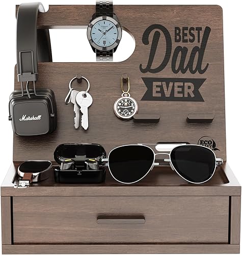 EcoLeafy Dot Best Dad Ever Gifts - Organizador de mesita de noche para hombres, estación de acoplamiento para papá, regalos personalizados para