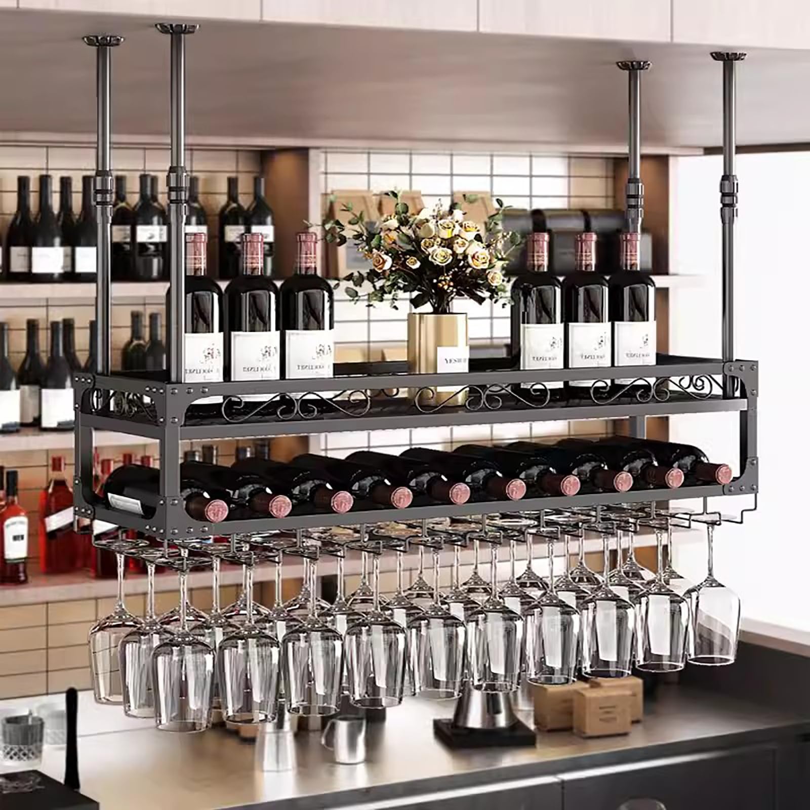 Support à vin mural en fer noir de plafond à 2 couches pour verres à vin et bouteilles