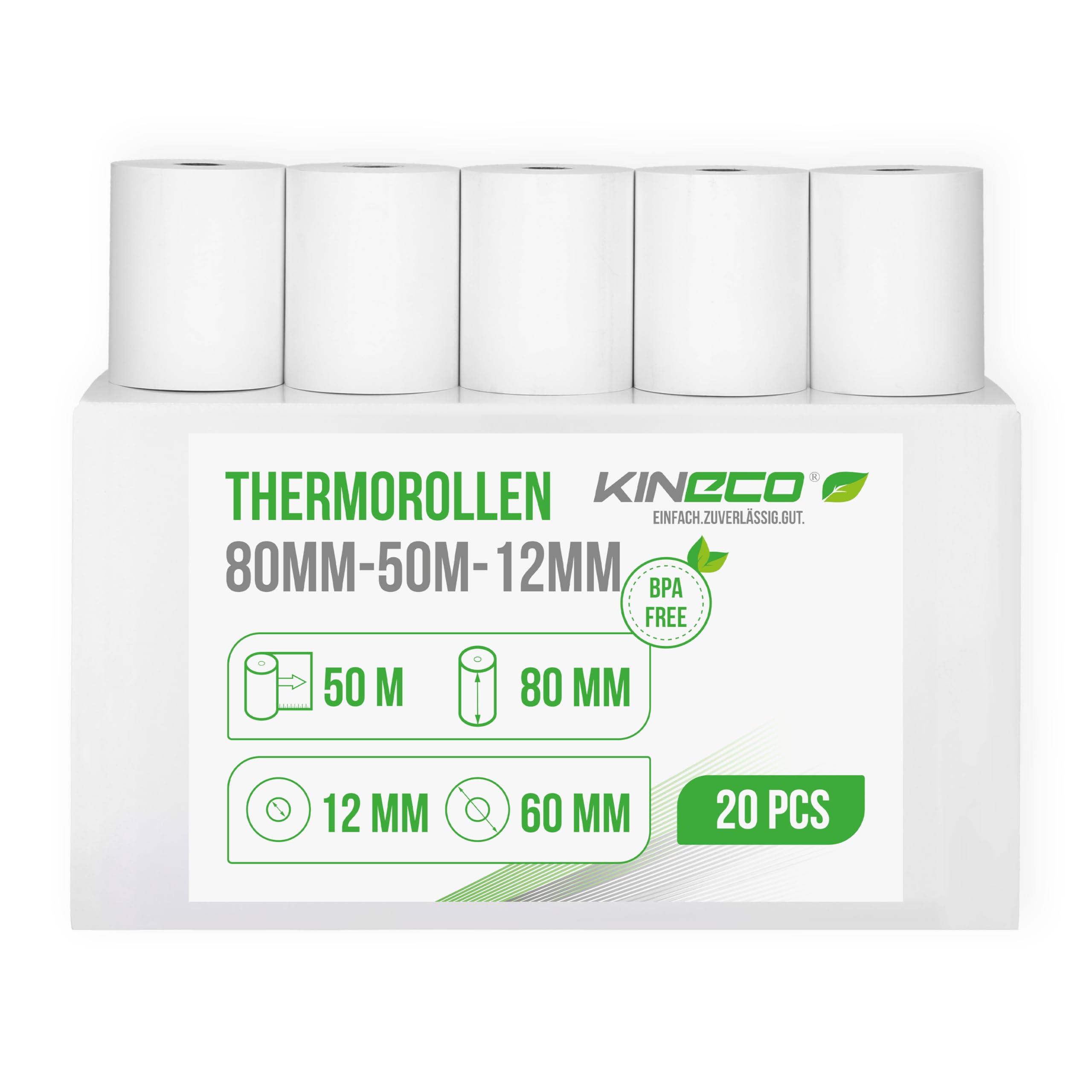 Kineco Kassenrollen 80mm x 50m x 12mm - Thermorollen, Thermopapier, Bonrollen (80x60x12) 20 Rollen