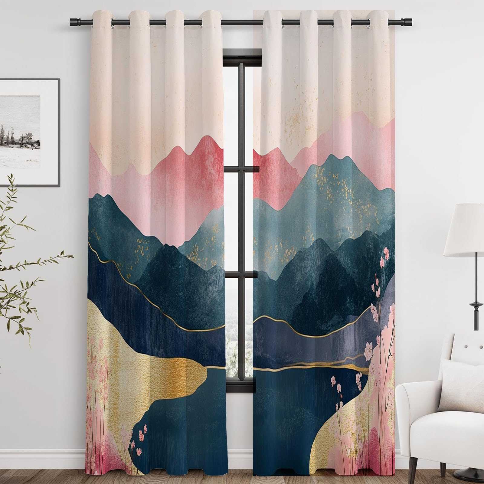 Vorhänge Blickdicht, Rosa Teal Goldfolie Berg Kirschblüten orientalisch Modern Abstrakt Vorhang für Wohnzimmer Schlafzimmer, Thermovorhang Kälteschutz Gardinen,-H240 x B140 cm (2er Pack)