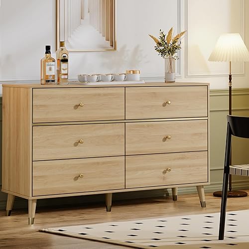 Miniatura 38 de Cómoda de 6 cajones, cómoda de mediados de siglo de 47 pulgadas de ancho, cómoda de madera para dormitorio con 6 cajones de almacenamiento para