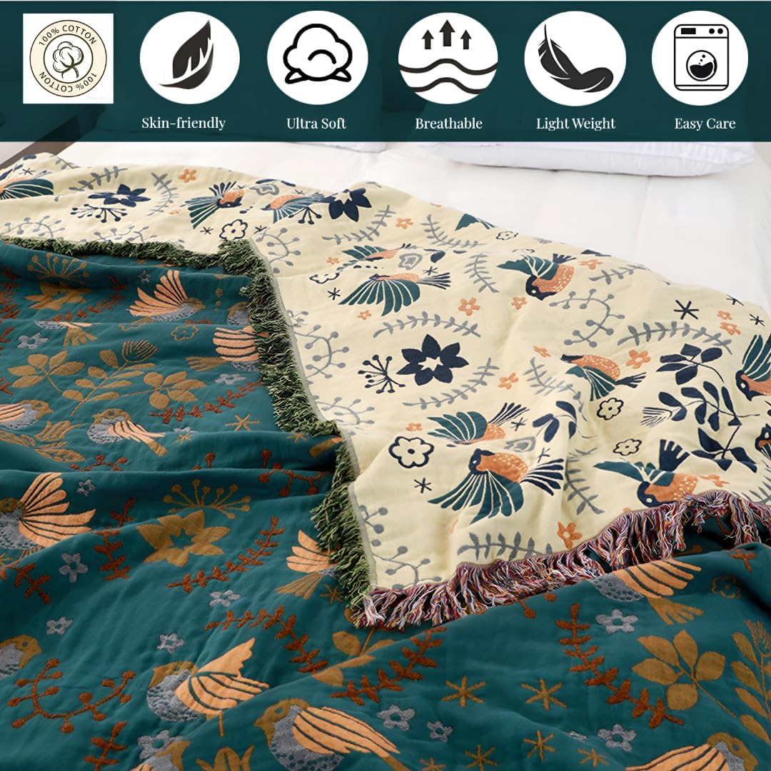 Green Spring Boho Throw Blanket for Bed,100% Cotton Reversible Rustic Quilt 60"x80",Soft Cozy Farmhouse Muslin Decorative Fall Throw Blankets for All Season, for Sofa, Couch Chair, Travel - Image 6
