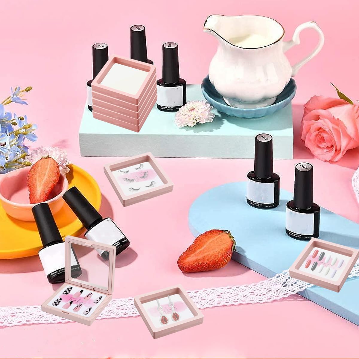 30 Pcs Press on Nail Storage Box 3D Floating Press on Nail Packaging With 90 Pcs Adhesive Double Sided Tape and 30 Pcs Cards, PE Film Nail Packaging Cases for Nail Salon Nail Display Box Earrings