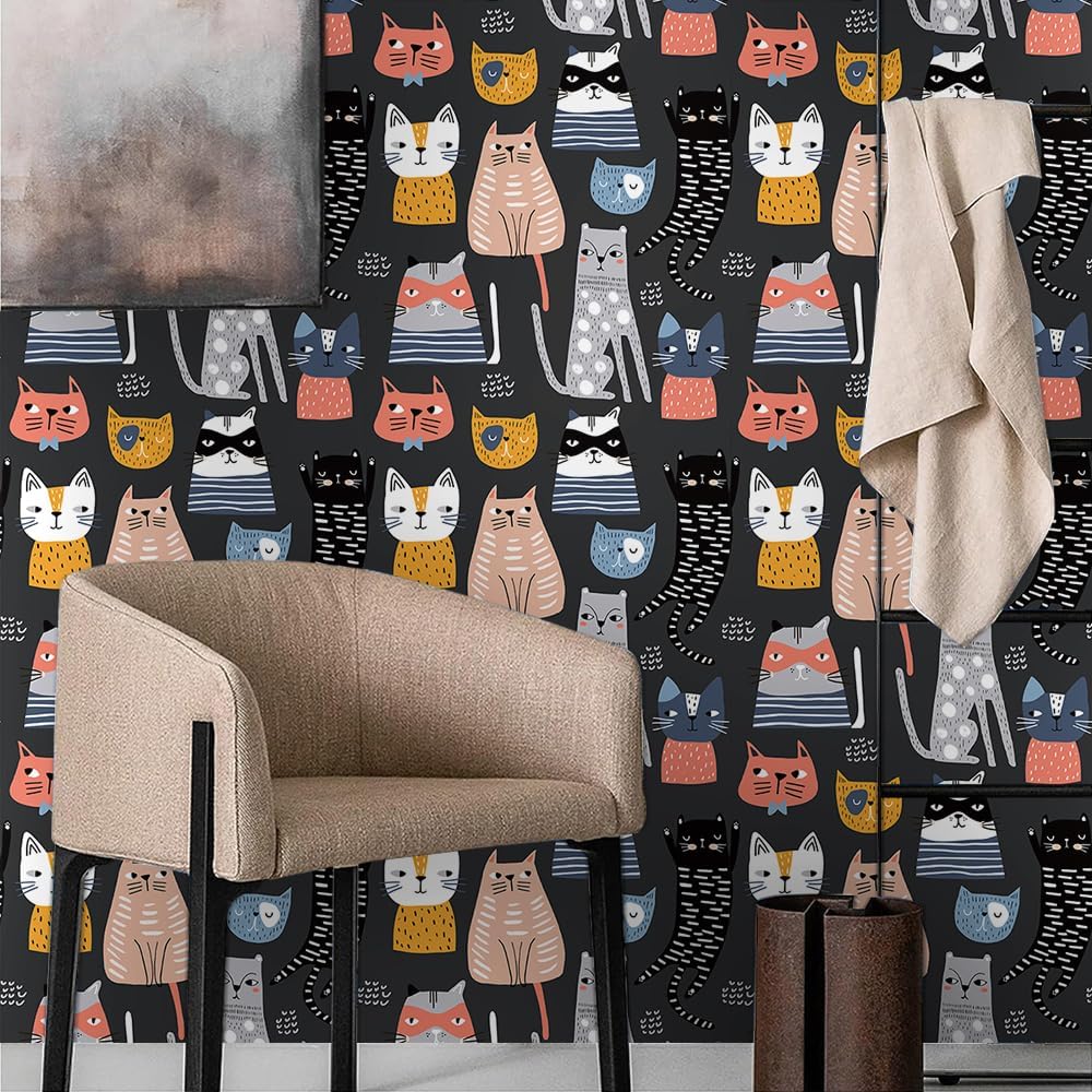 Cartoon Cute Cat Face Pet Grey Black Animals Peel and Stick Wallpaper Easy Peel Off Contact Paper Stick on Adhesive Wall Paper for Bathroom Waterproof Renter Friendly