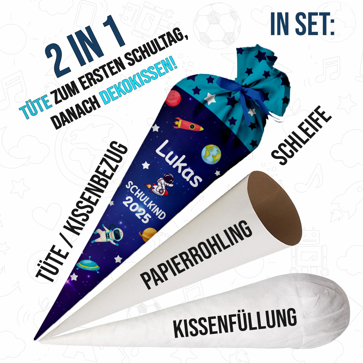 Schultüte Comos 70 cm personalisierte Zuckertüte aus Stoff mit runder Papprohling und Silikonkügelchen-Füllung