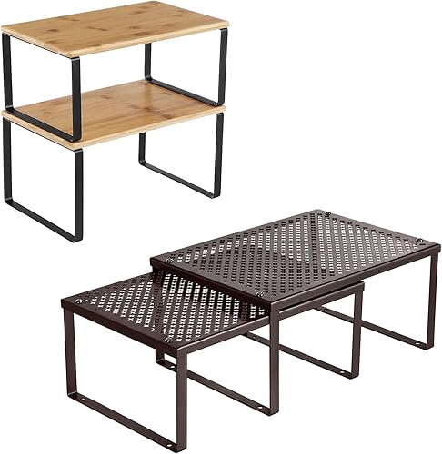 SONGMICS Paquete de 4 estantes de especias de metal, juego de 2 estantes de especias de metal, juego de 2 organizadores de especias de bambú y