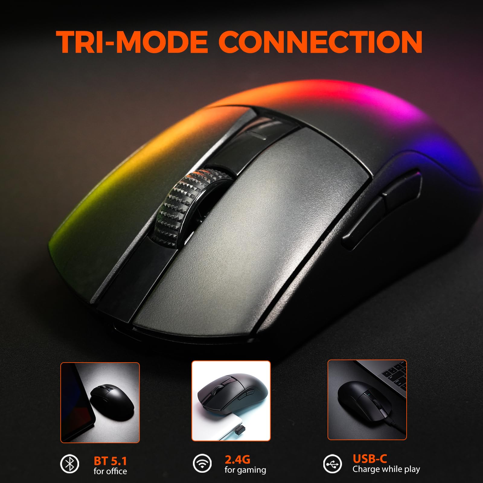 DAREU A950GM Mouse gaming ultraleggero da 60 g, sensore PixArt PAW3395, microinterruttori da gioco HUANO da 100 milioni, 26000 DPI, ricarica rapida in 30 minuti, mouse gaming tri-mode per PC/Mac