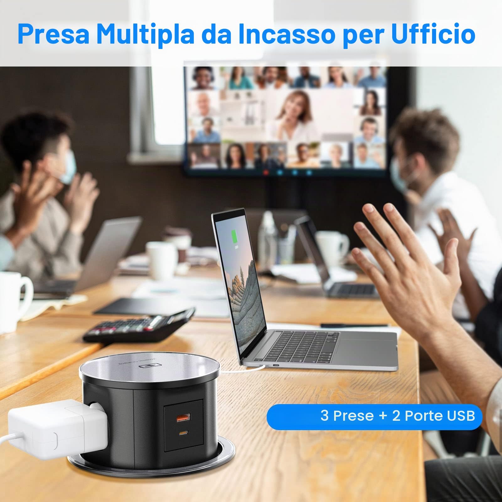 Ciabatta Multipresa 3 Prese USB C 20W, Ohuo Ciabatta con Ricarica wireless da 15W, Blocco Multipresa a Scomparsa con 3 Prese schuko EU e 2 porte USB, Cavo 2 m, Nero