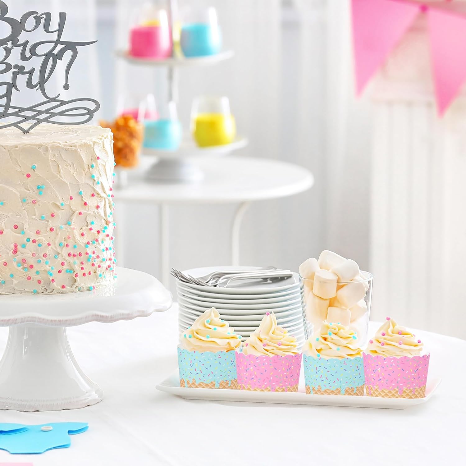JarThenaAMCS 100 Pcs Summer Cupcake Baking Cup Pink Blue Ice Cream Muffin Wrapper Holder Disposable Cupcake Liner Cases for Wedding Baby Shower Birthday Party Supplies