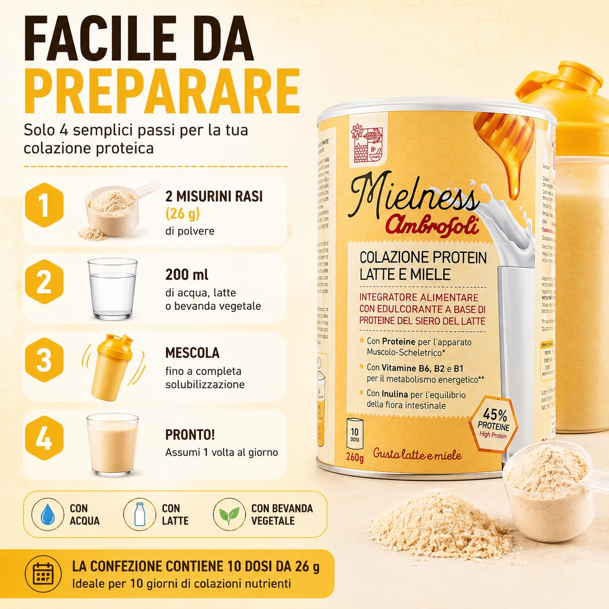 Ambrosoli Colazione Protein Latte e Miele, 260g, mix Proteico per Colazione e Shake (Confezione da 2)