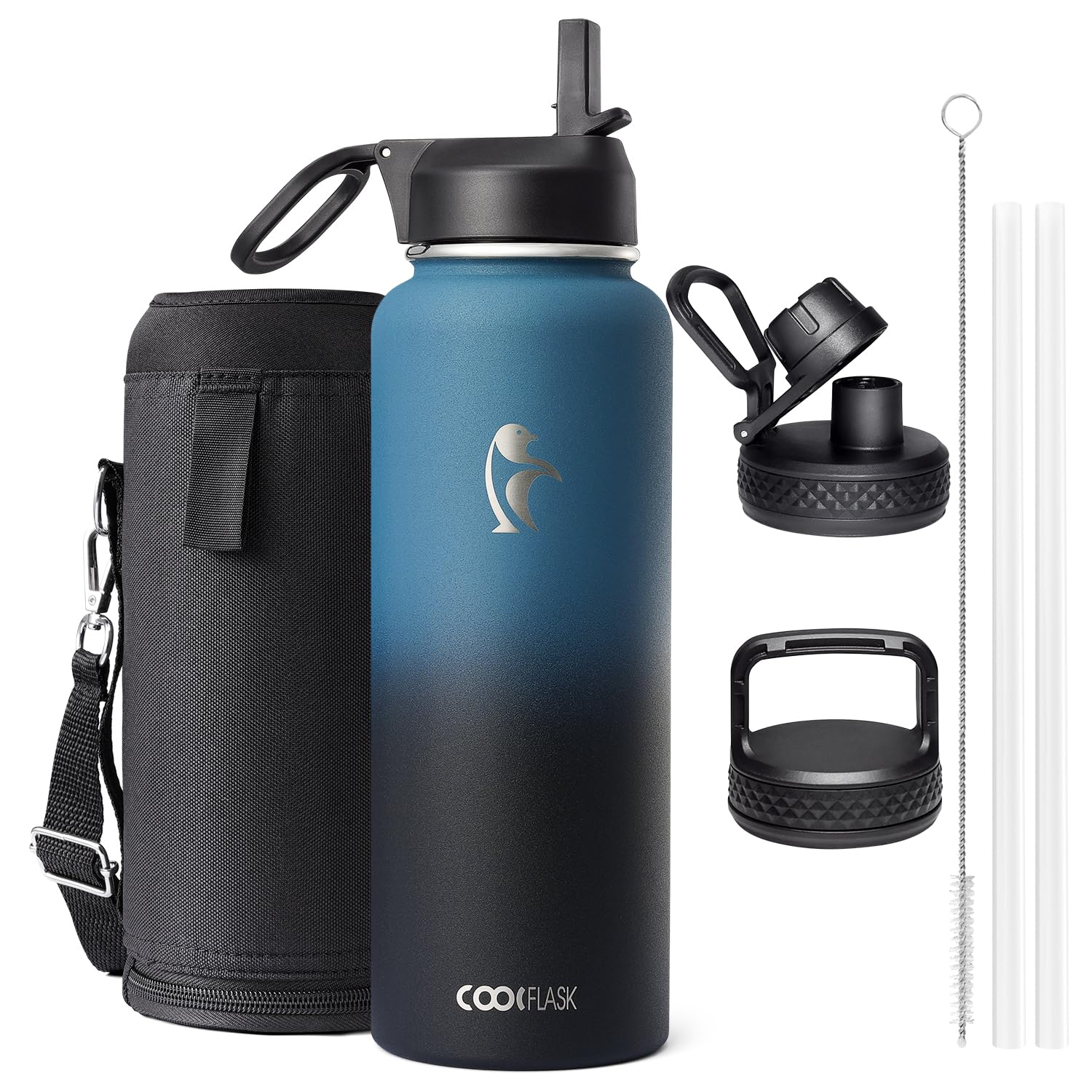 1180ml Insulated Water Bottle with Straw & 3 Lids, Metal Water Bottle for Sports or Office, Double Vacuum Leak Proof Cold and Hot Water Bottle, Easy to Clean, Indigo Black