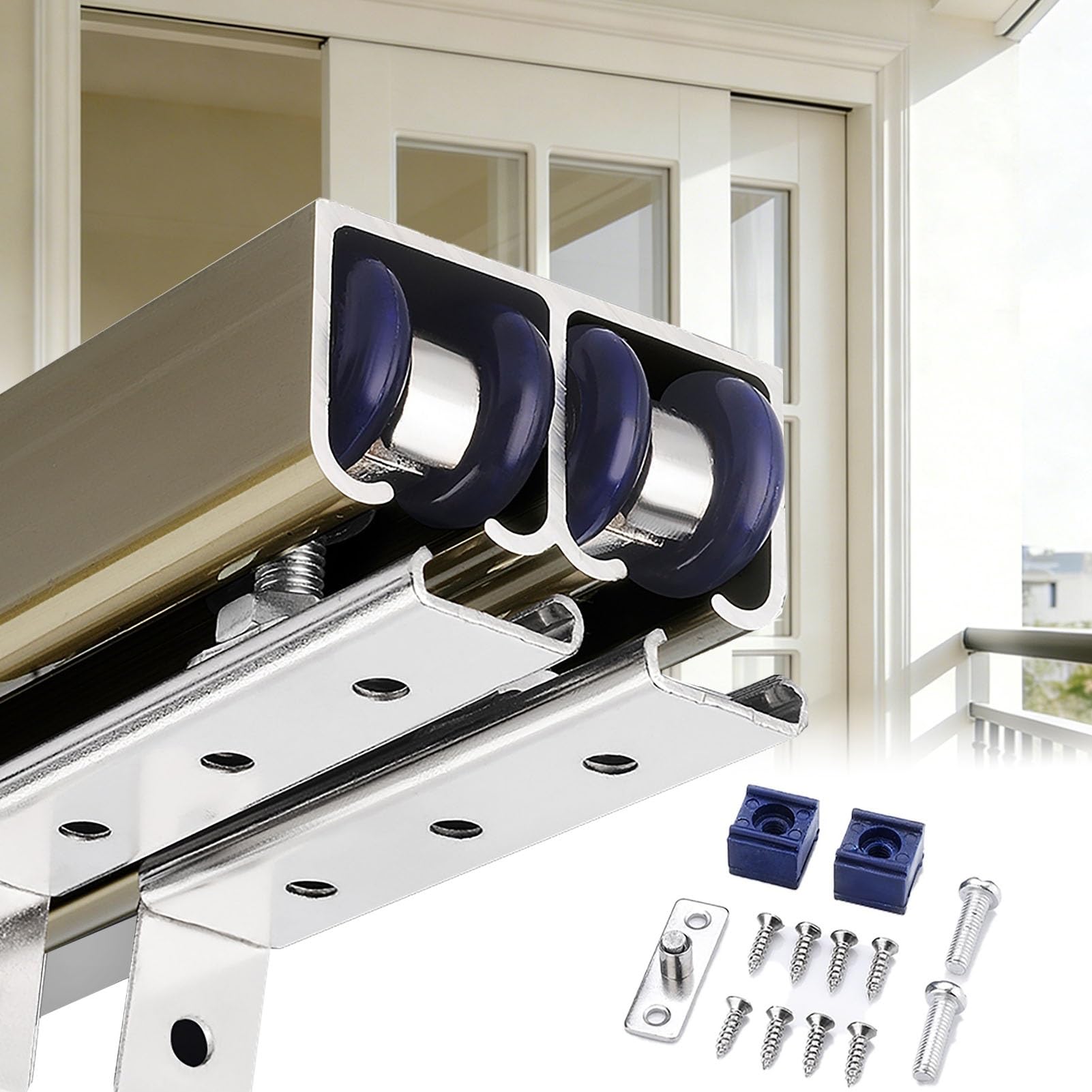 EXCLURA 2 Railing Bypass Door Hardware with Nylon Rollers, Heavy Duty Pocket Door Frame Kit, Barn Wardrobe Door Tracks with Installation Accessories(Champagne,1.4m/4.6ft)