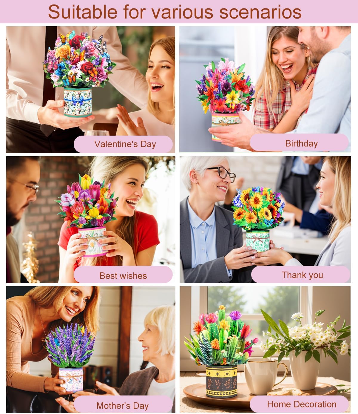 Pop Up Flower Bouquet Card Set for Women – 6 Unique 3D Floral Designs with Envelopes & Separate Blank Note Cards, Forever Rose, Sunflower, Tulip Gift for Mother's Day, Get Well, Birthday, All Occasions