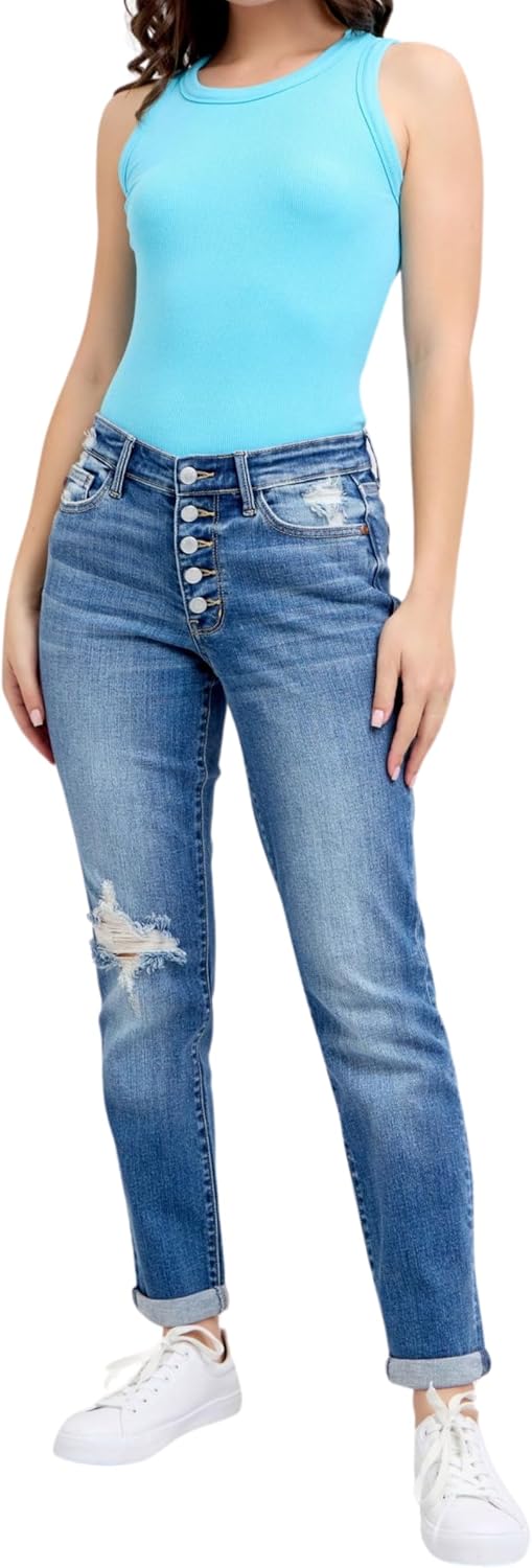 Judy Blue Mid Rise Button-Fly Boyfriend Jeans, Inseam 30"