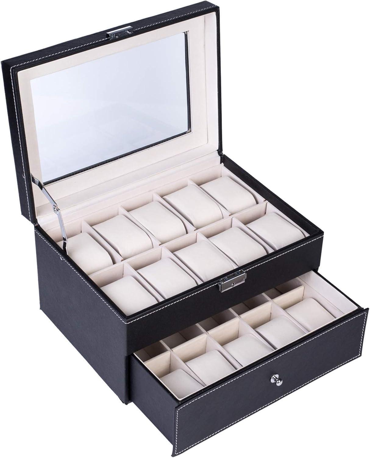 20 Compartments Dual Layers Elegant Wooden Watch Collection Box Black