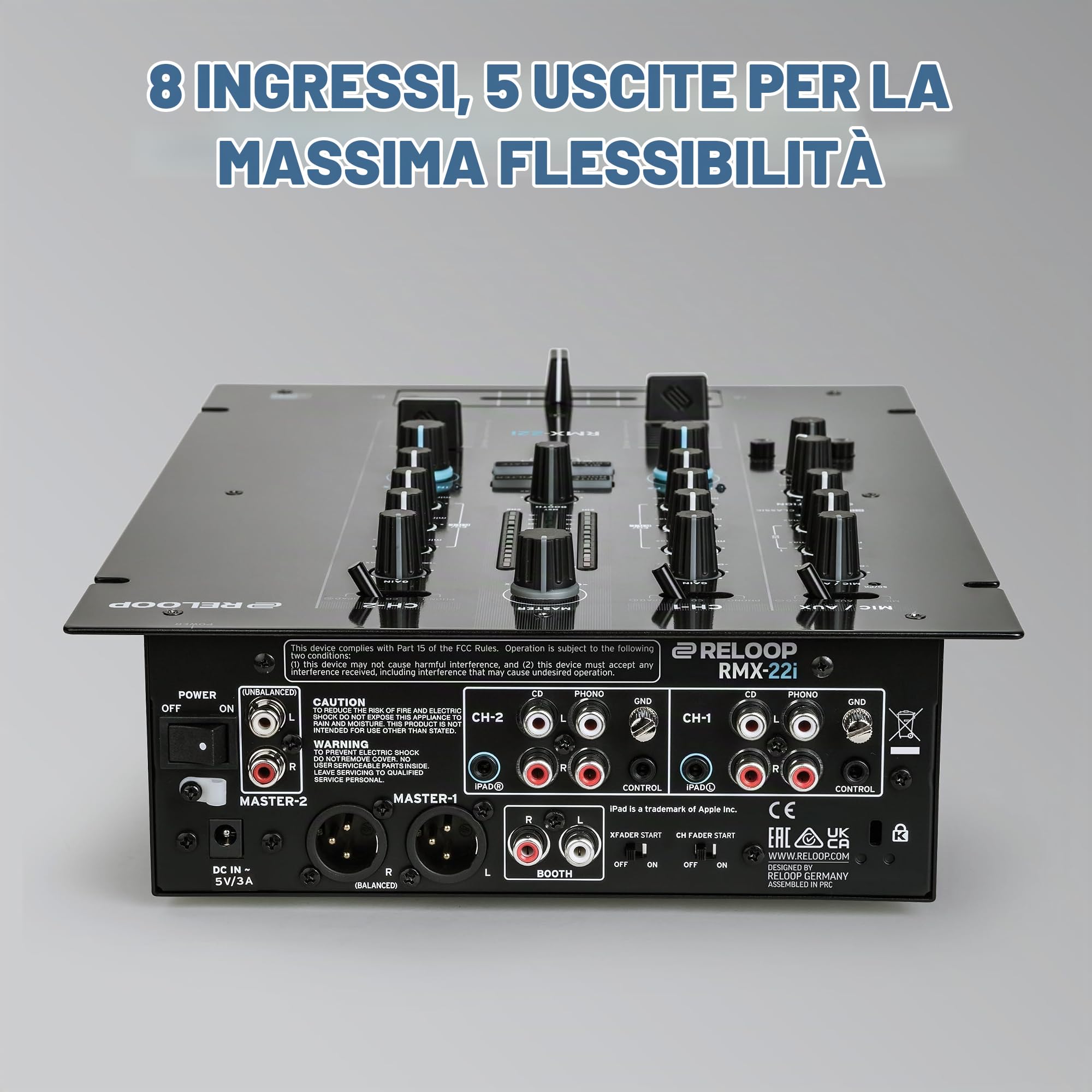 Reloop RMX-22i - Mixer digitale a 2 (+1) canali, 4 effetti sonori istantanei di colore per canale, iPad/tablet/smartphone audio split-input audio, nero