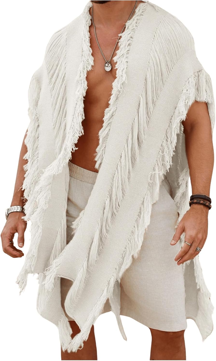 Verdusa Men's Knit Poncho Fringe Loose Cardigan Cape Knit Shawl Wrap Beach Vacation Outfits