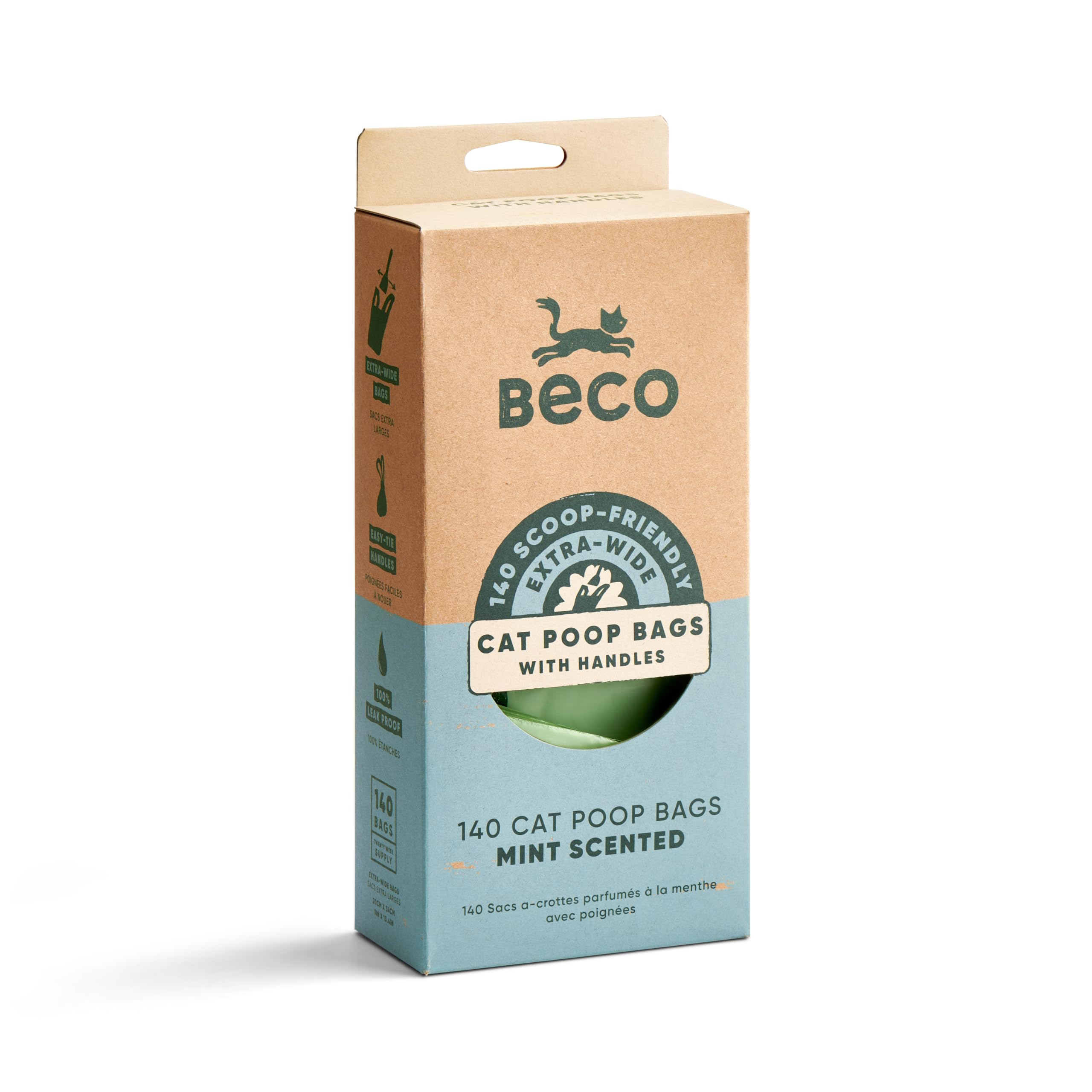 Beco Cat Poop Bags - Wide & Strong for Soiled Cat Litter, Mint Scented, 140 Bags