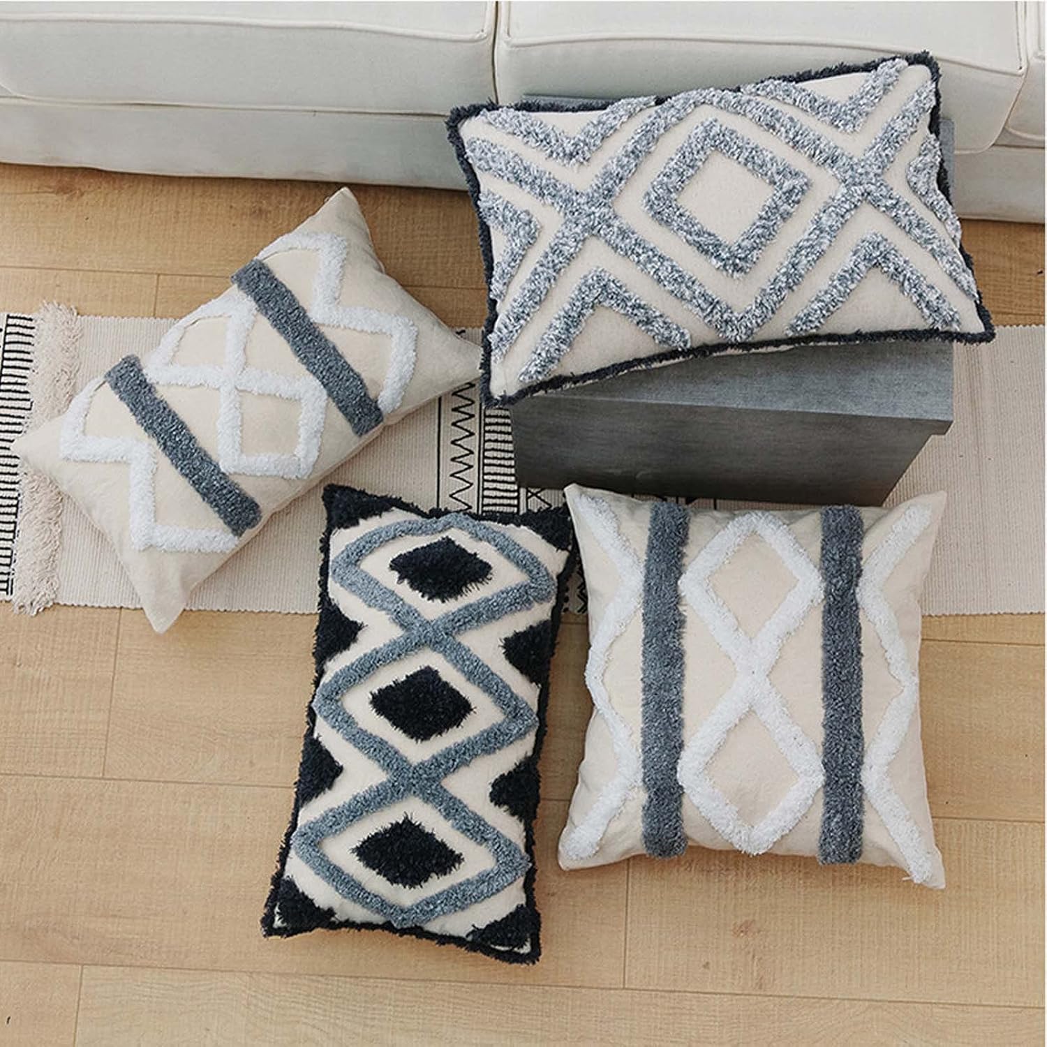 Woven Tufted Boho Cushion Cover Set of 2 Geometric Diamond Lumbar Decorative Throw Pillow Cover for Couch Sofa Bedroom Living Room, Oblong Pillowcase (Lumbar A, 12 x 20 inch)
