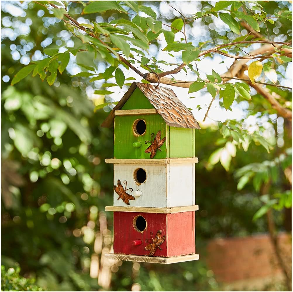 Glitzhome 13.75″ H Multicolored Three-Tiered Distressed Solid Wood Birdhouse Garden Hanging Bird House for Outdoors