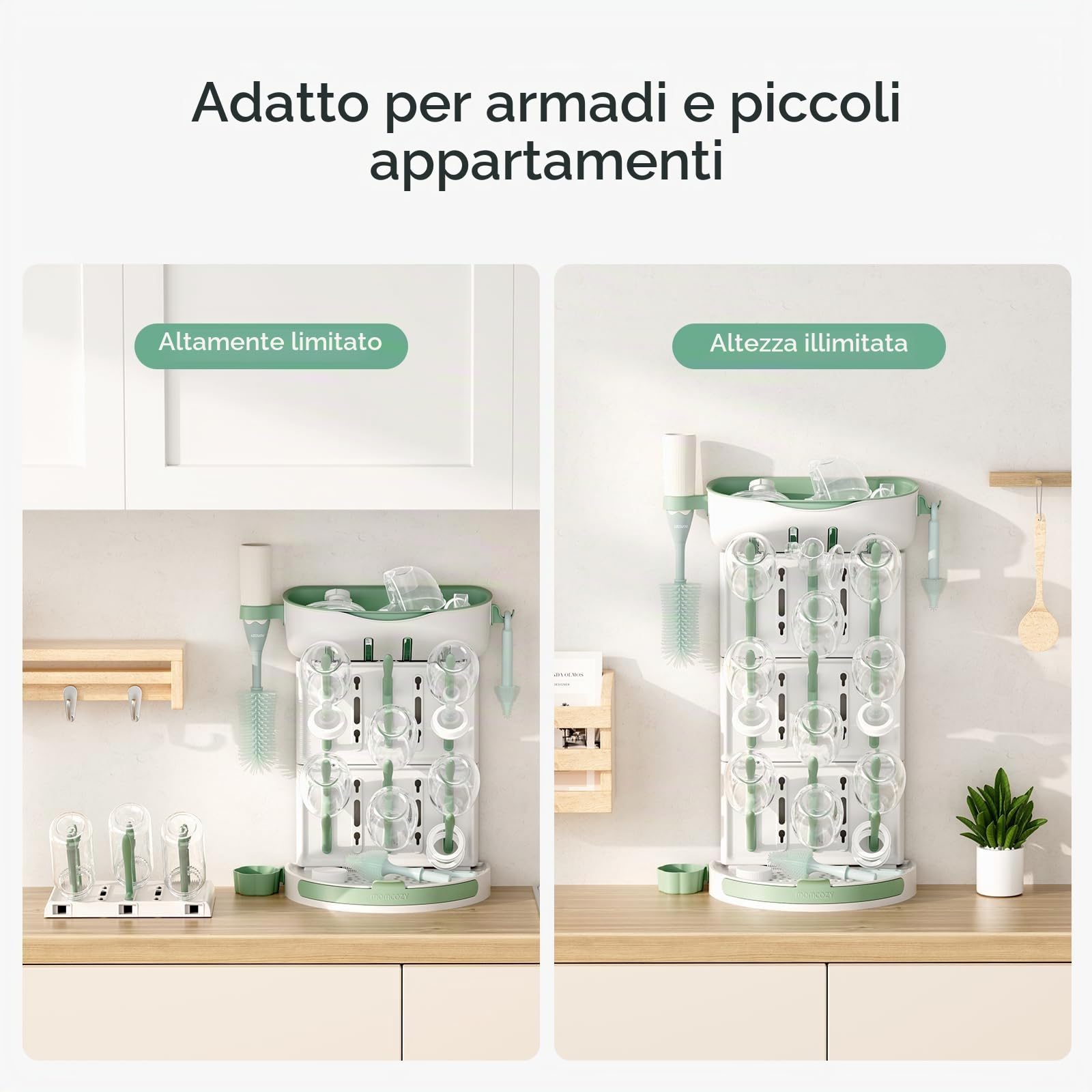 Momcozy Stendibiancheria verticale per biberon, grande capacità, 18 unità, design modulare compatto con portaspazzole integrato, asciugabottiglie per tettarelle, tiralatte e accessori