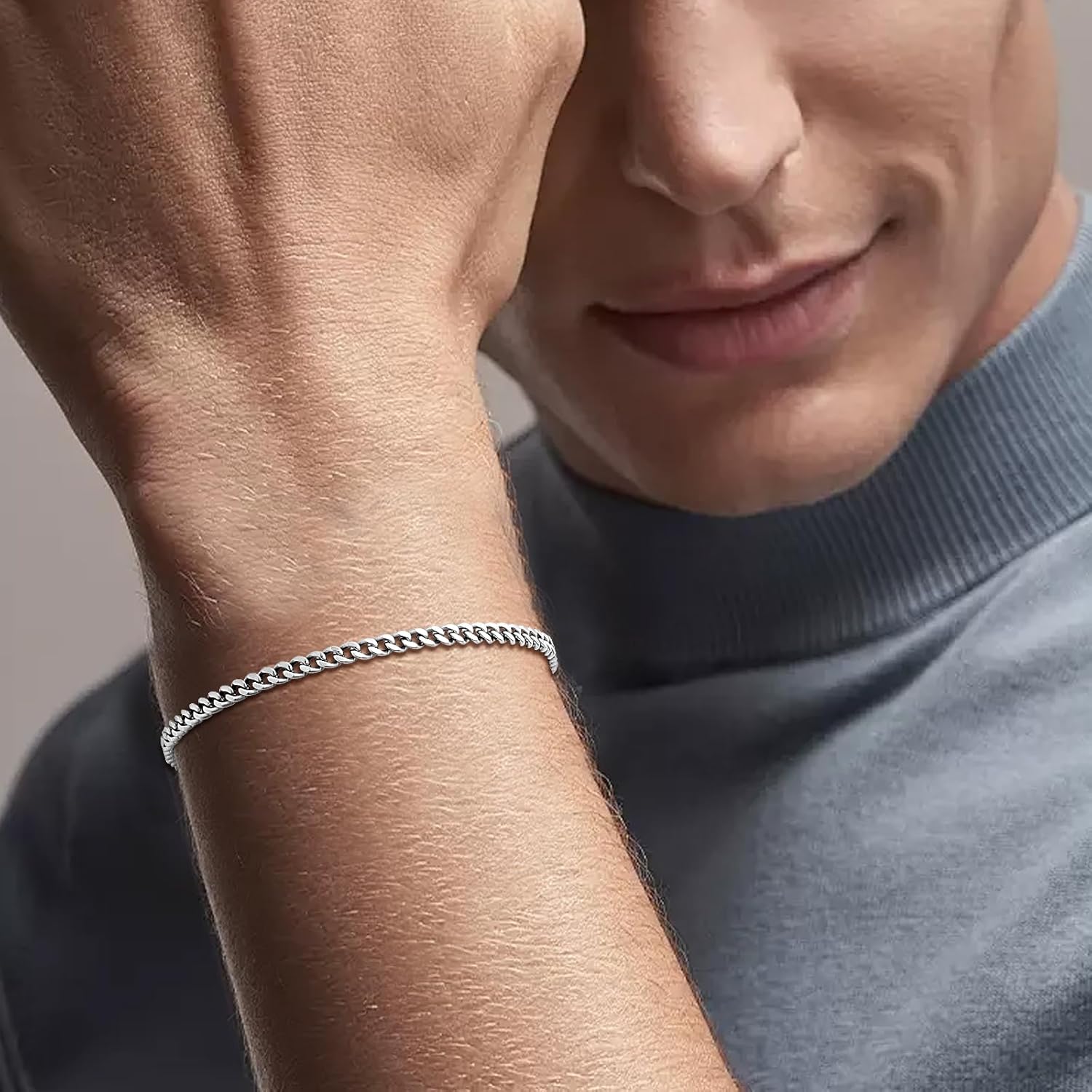 SanThree Solid Pure Titanium Cuban Link Bracelet Valentines Gifts for Him,3.5mm Finely Polished Skin Friendly Shinny Curb Chain Bracelets for Women Men Sensitive Skin Jewelry Gifts, 7.87" - Image 3