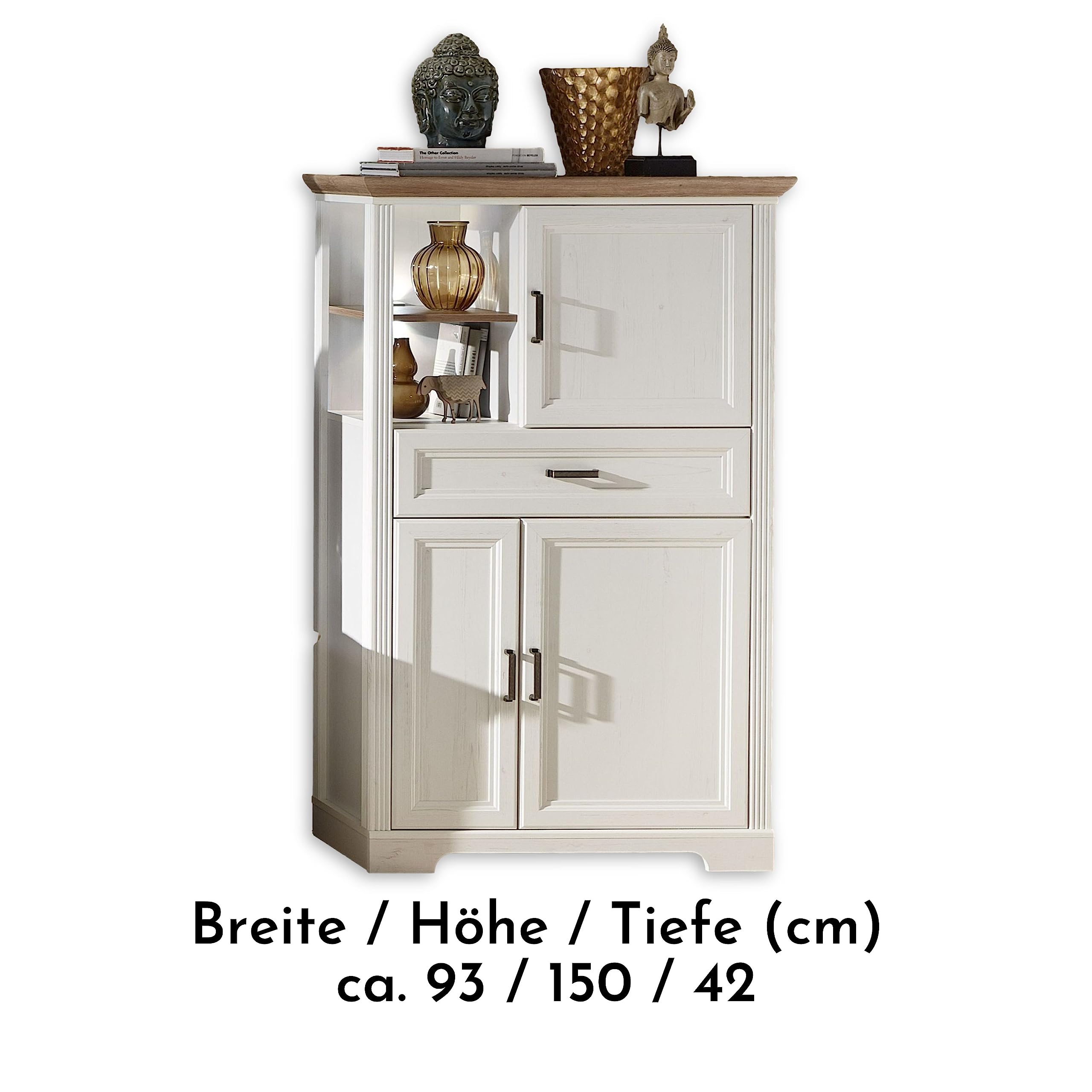 Stella Trading Stauraumelement in Pinie hell, Artisan Eiche Optik - Wohnzimmerschrank mit LED-Beleuchtung und viel Stauraum im Landhausstil - 93 x 150 x 42 cm (B/H/T)