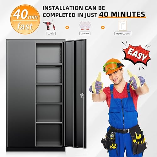 Miniatura 6 de INTERGREAT Armarios de almacenamiento de garaje con cerradura, gabinete de almacenamiento de metal de 72 pulgadas de alto con puertas y estantes