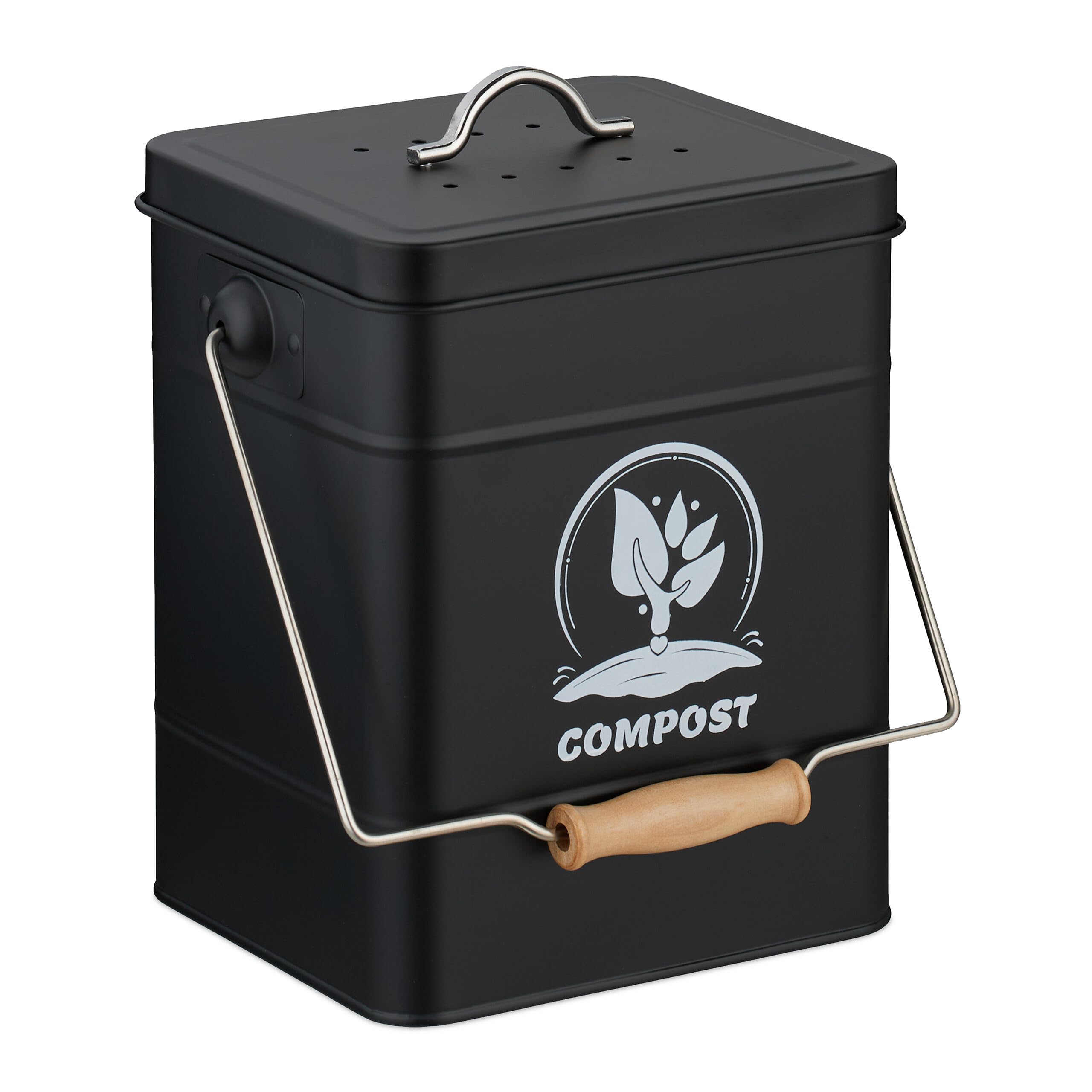 Relaxdays Compostera Cocina 6 L con Tapa y Filtro Olores, Cubo Compostaje Basura Orgánica, Acero Inoxidable, Negro