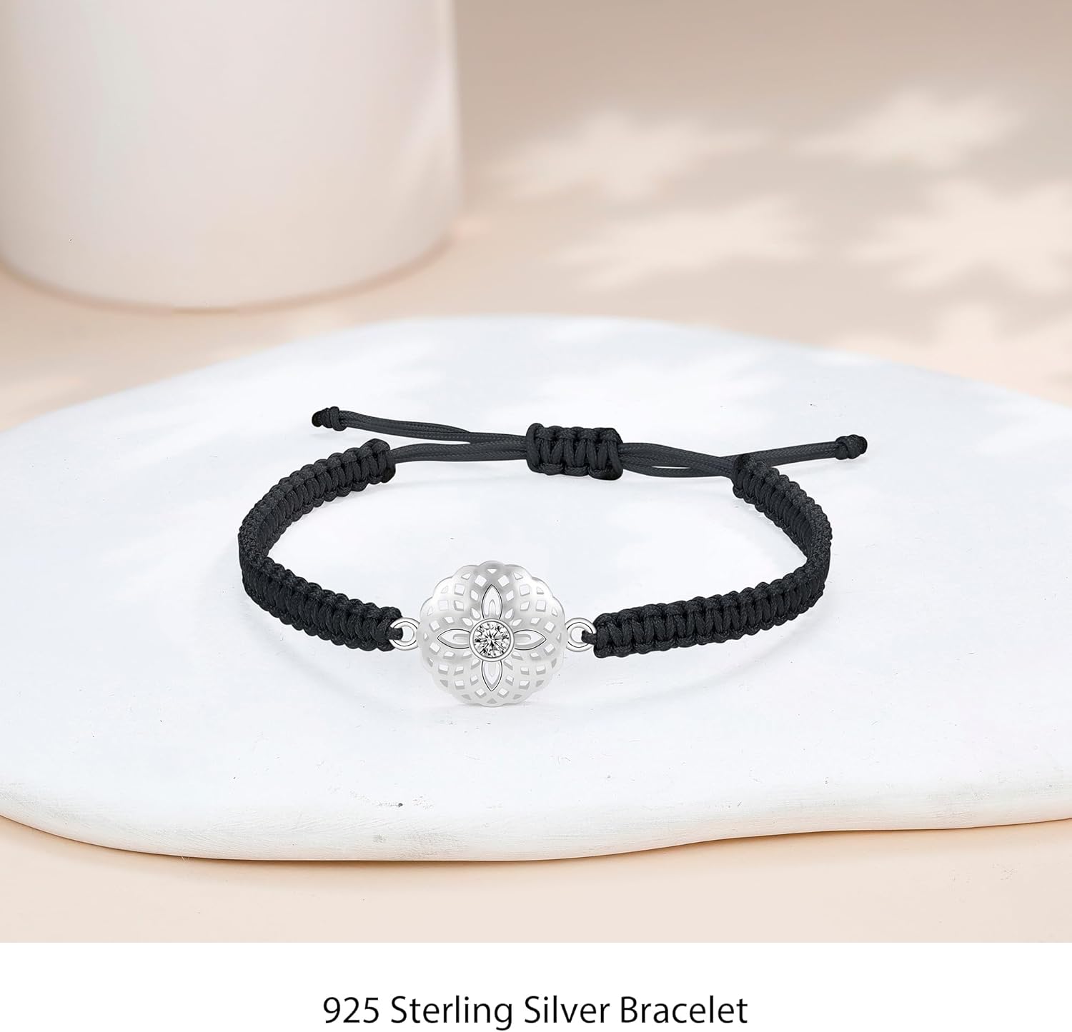 J.Endéar Mandala Flower Bracelet 925 Sterling Silver for Women, Handmade Braided Rope Black String Adjustable Lady Jewelry, Yoga Meditation Buddhist Spiritual Lucky Amulet Gift - Image 2