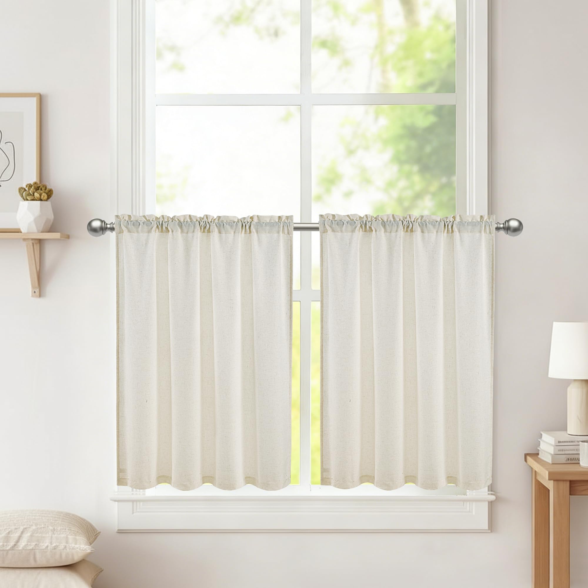 DWCN Linen Short Kitchen Curtains 24 Inch Drop, Solid Light Filtering Cafe Curtain Valance for Sink, Basement,Half Window, Rod Pocket Small Window Curtains, W26 x L24, Natural, 2 Panels — image 1