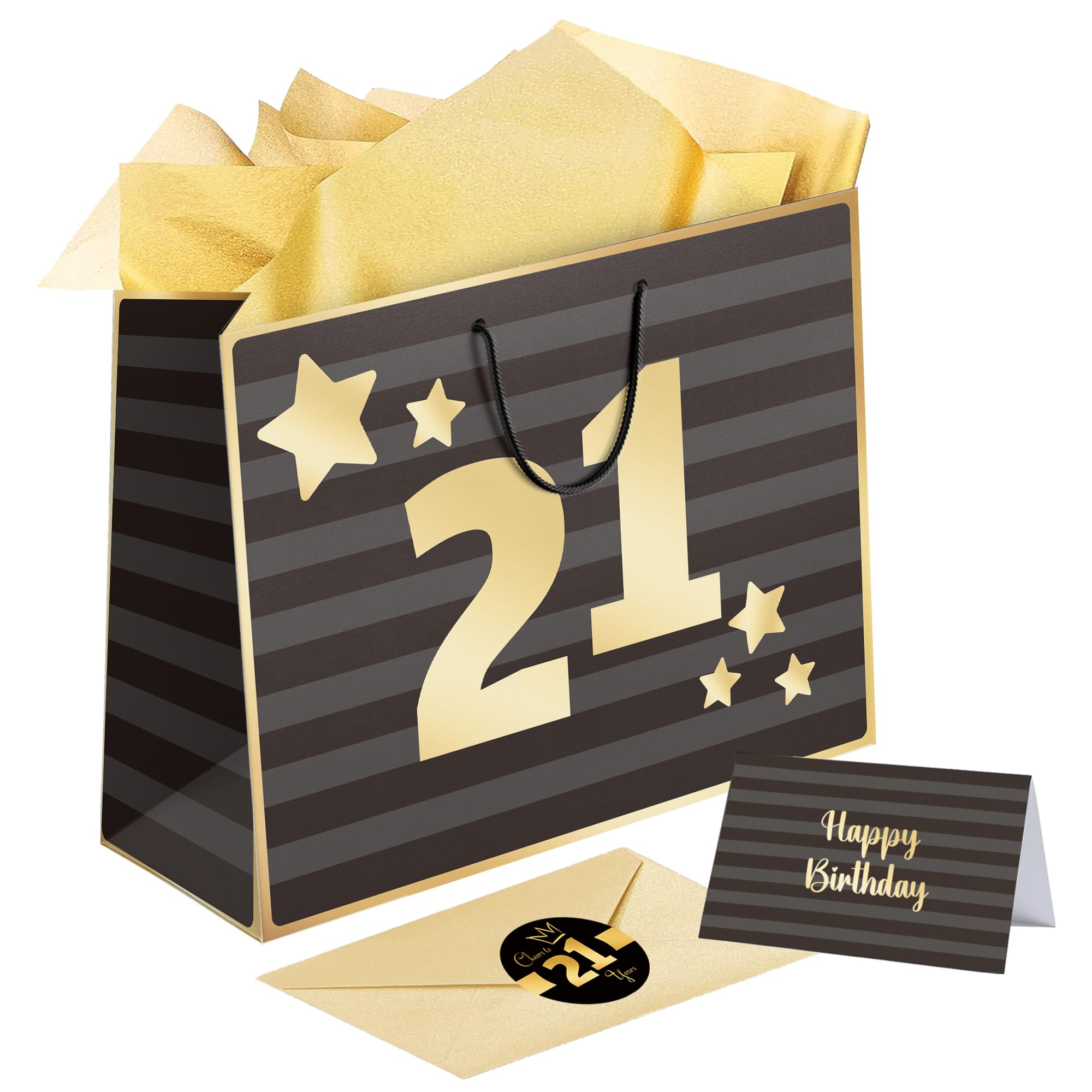 Sumerk 13" Large Gift Bag Set, Black Gold 21st Birthday Gift Bag, 3 PCS Gold Tissue Wrapping Paper, 2 PCS 21st Stickers, Birthday Card with Envelope — image 1